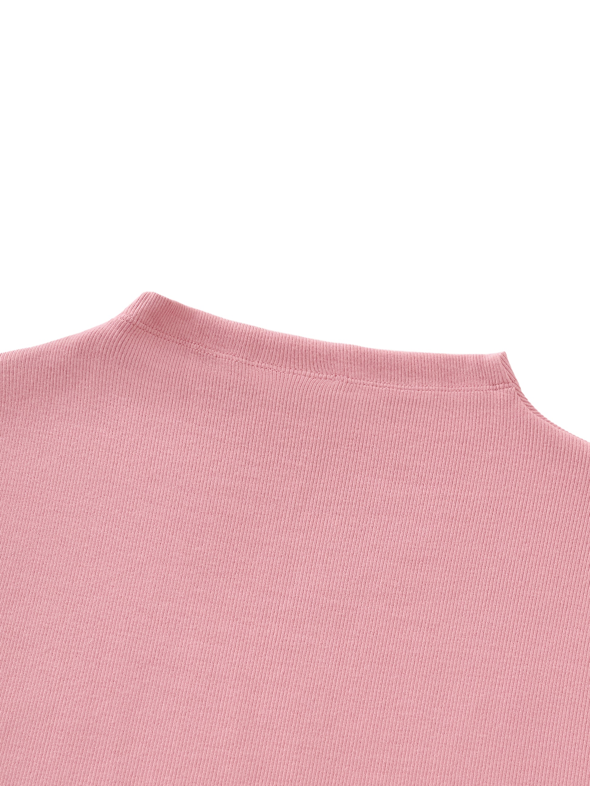White ODMPOD essential slim fit mock neck t-shirt, close-up view showing soft fabric and fitted style.