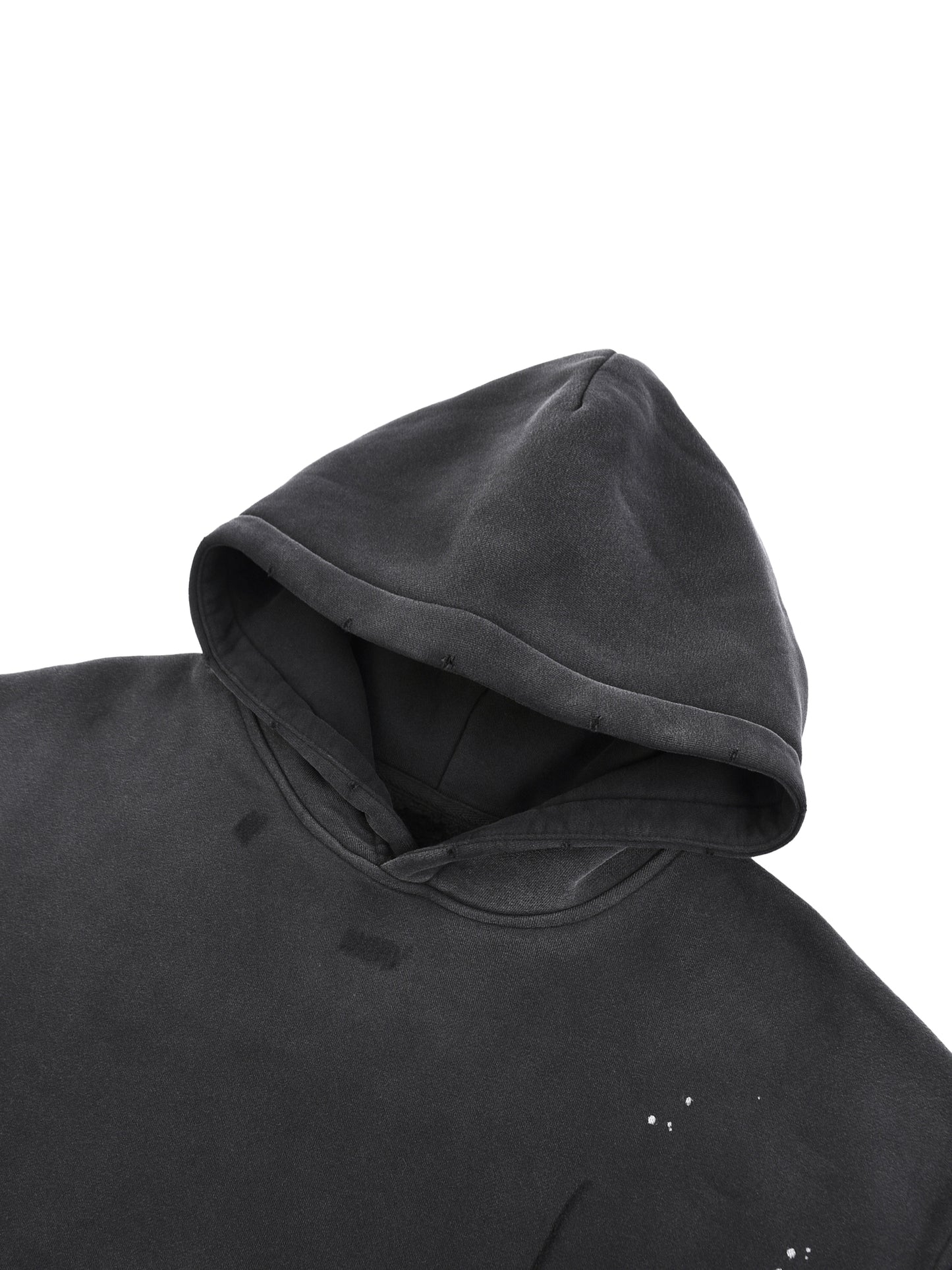 Vintage washed frayed fleece hoodie by ODMPOD, featuring a cozy, distressed fabric with frayed edges and a relaxed fit.