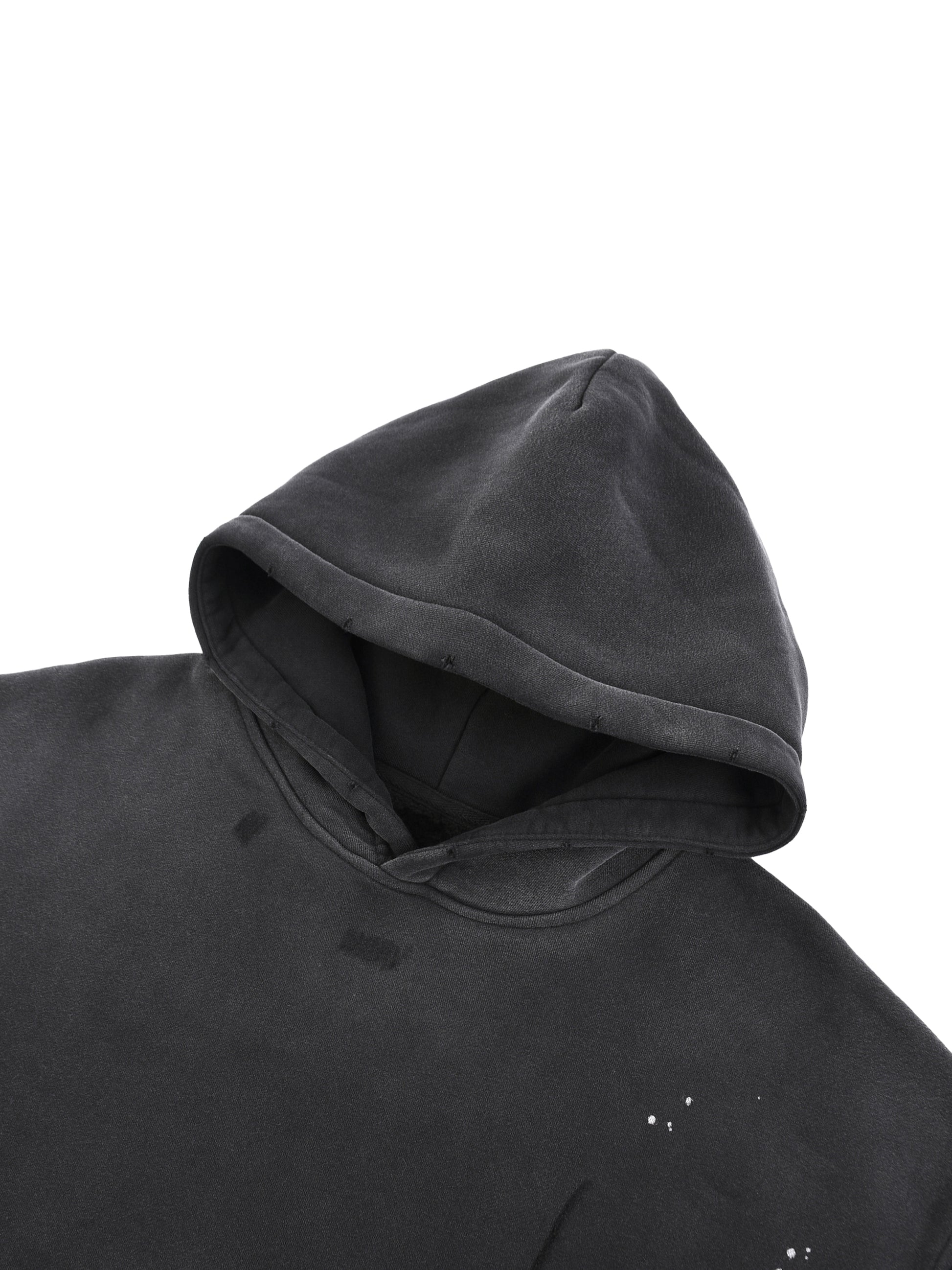 Vintage washed frayed fleece hoodie by ODMPOD, featuring a cozy, distressed fabric with frayed edges and a relaxed fit.
