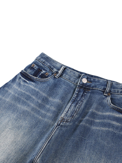 ODMPOD Sun Fade Heavyweight Denim Jeans, front view showing classic fit and sun-faded blue denim fabric.