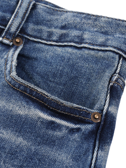 ODMPOD Sun Fade Heavyweight Denim Jeans, front view showing classic five-pocket design and faded sun-washed denim fabric.