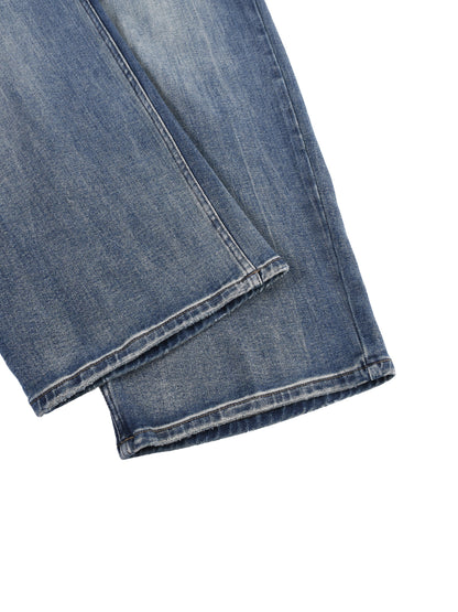 ODMPOD Sun Fade Heavyweight Denim Jeans, classic blue jeans with sun-faded wash, front pockets, and sturdy denim fabric.