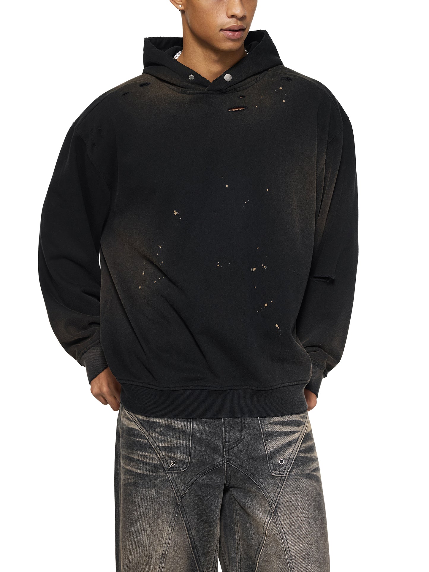 ODMPOD Sun Fade Frayed Fleece Hoodie, soft hoodie with sun fade design and frayed edges, casual and cozy for everyday wear