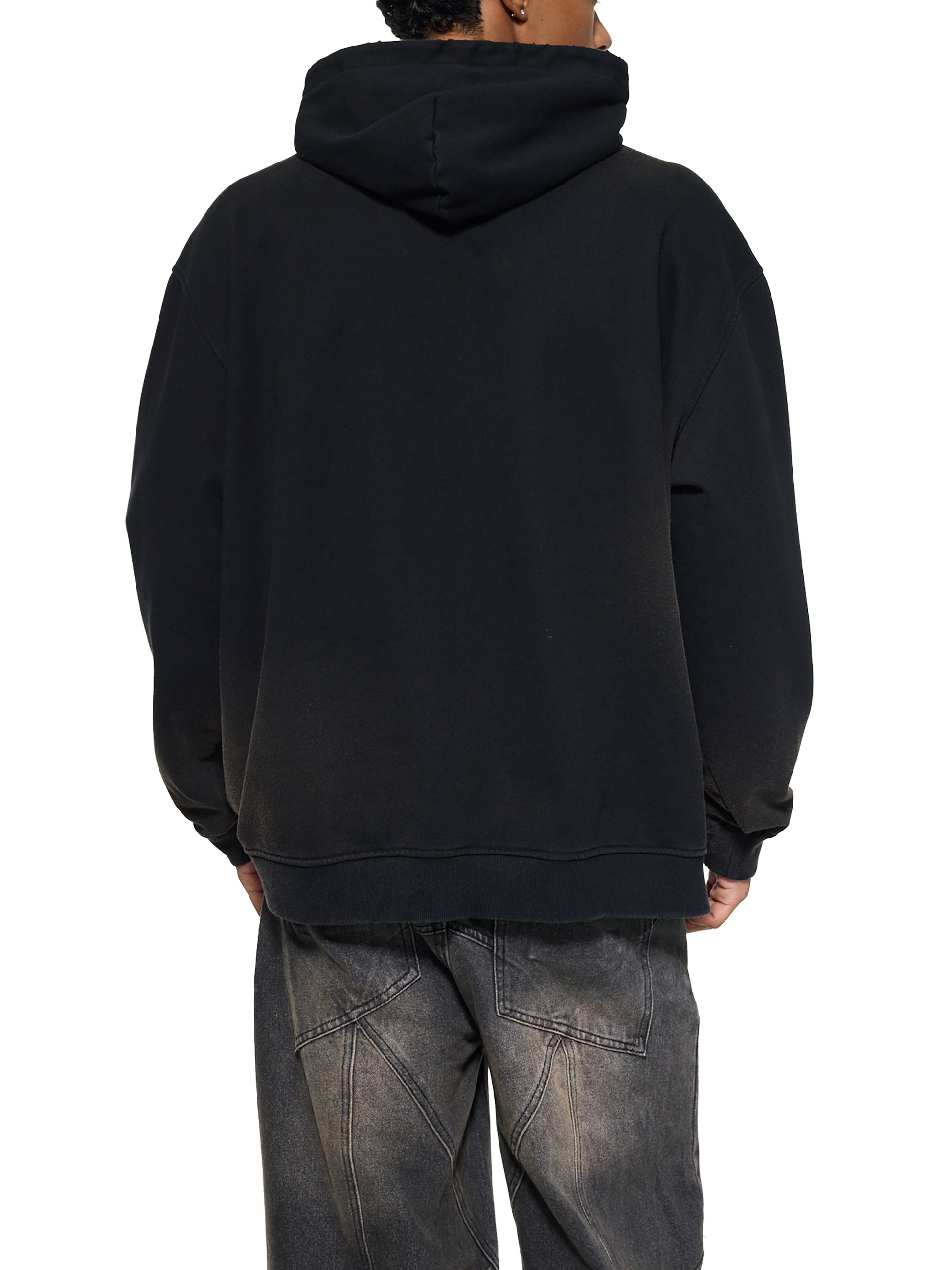 ODMPOD Sun Fade Frayed Fleece Hoodie showing distressed fabric, relaxed fit, and hood with frayed edges on a neutral background.