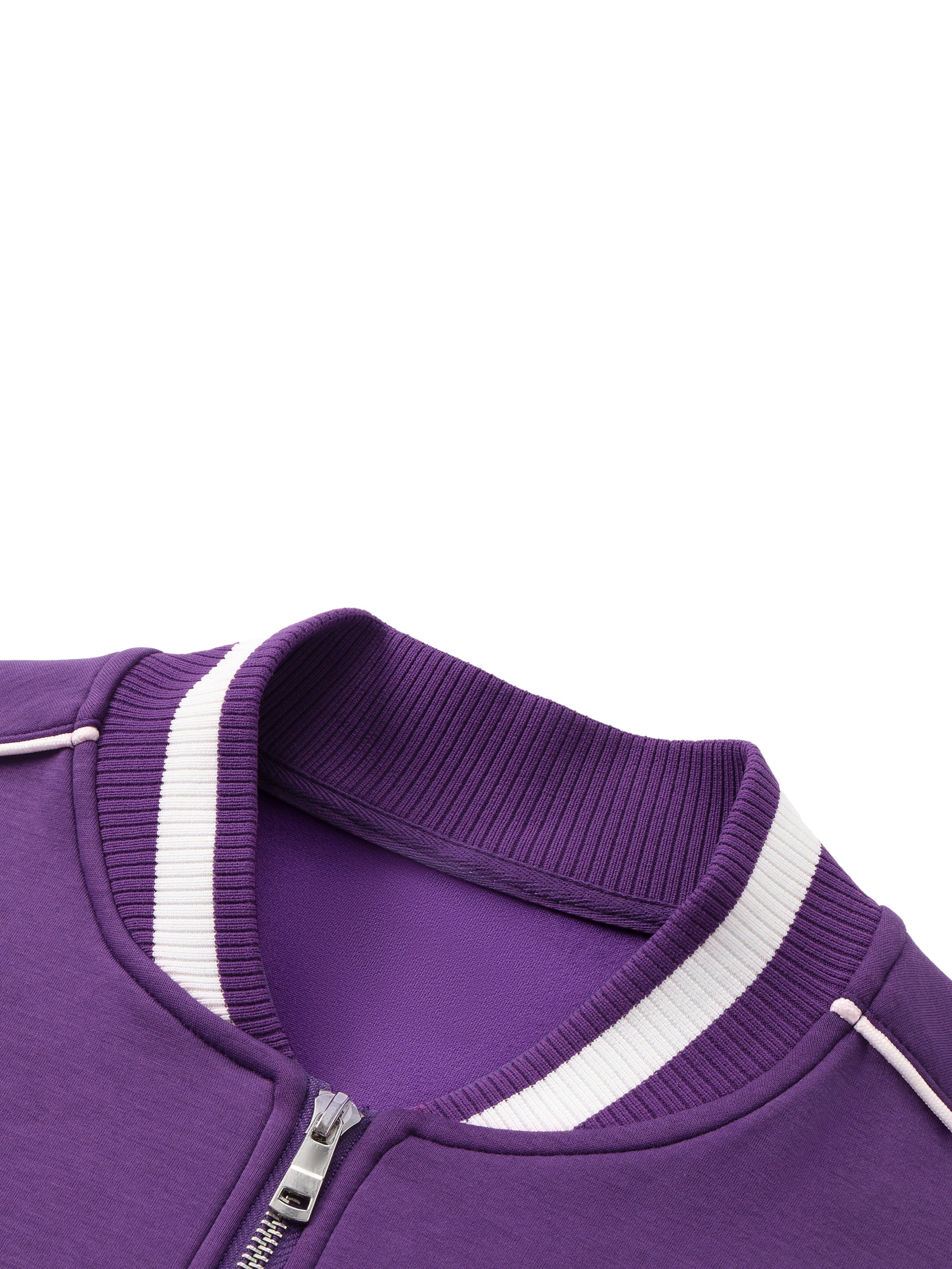 ODMPOD Contrast Piping Zip Bomber Jacket, varsity style with contrast piping, front zipper, and ribbed cuffs, on a hanger.