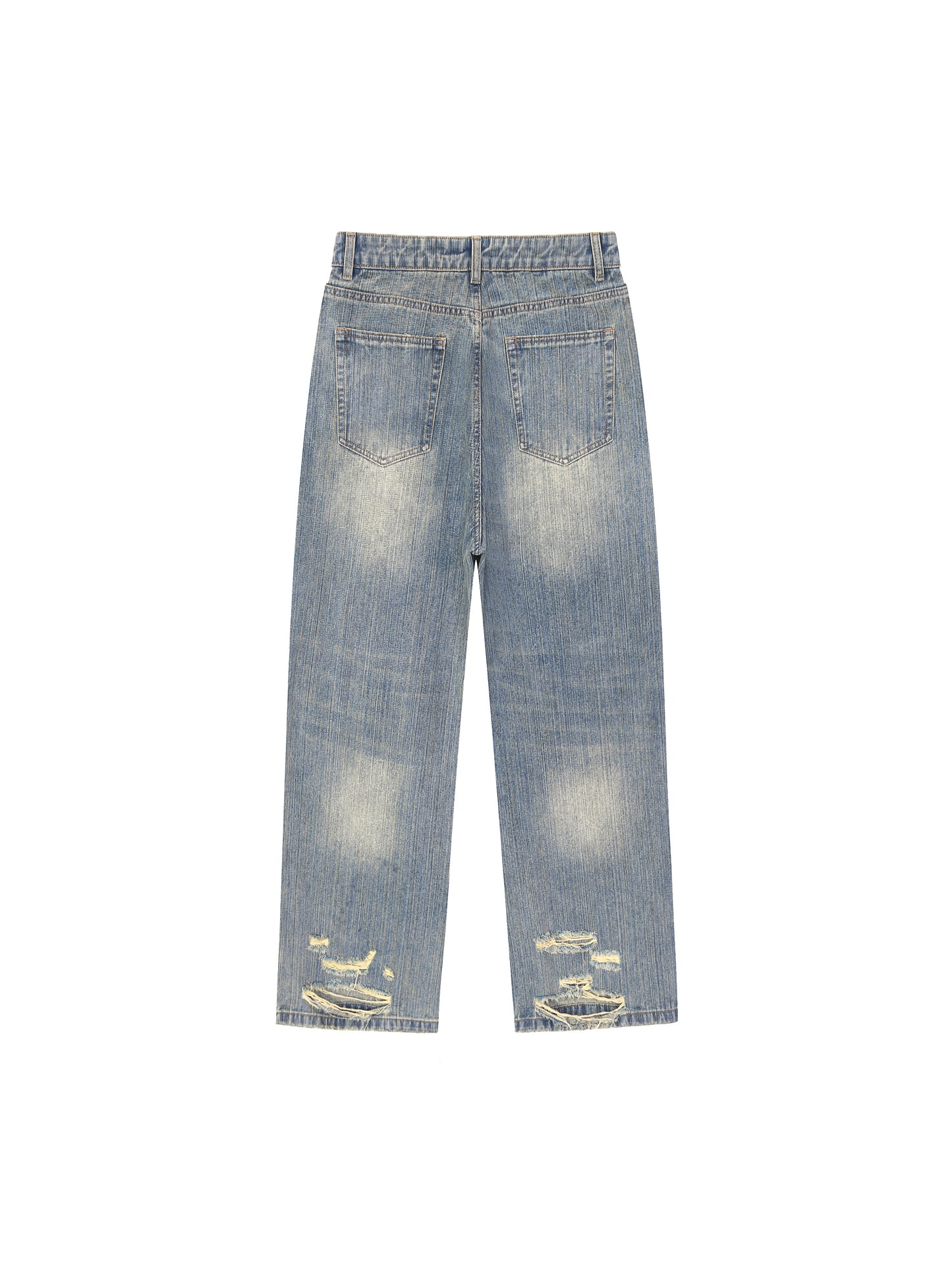 Vintage wash distressed denim jeans by ODMPOD featuring a classic fit, faded details, and a worn-in look.