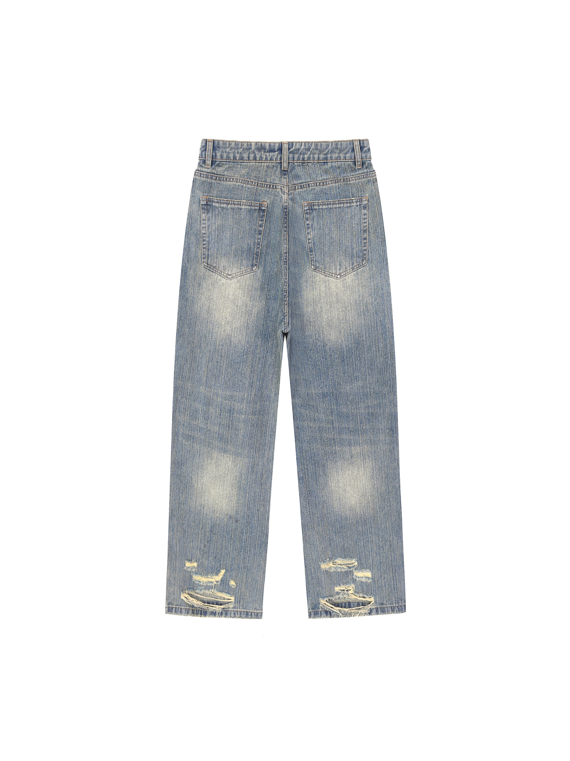 Vintage wash distressed denim jeans by ODMPOD featuring a classic fit, faded details, and a worn-in look.