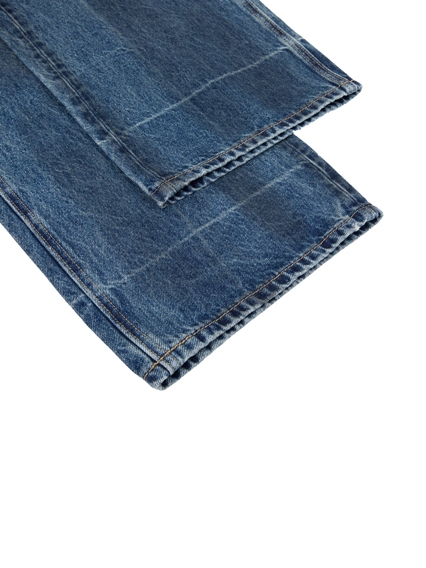 Vintage wash baggy denim jeans from ODMPOD featuring relaxed fit and classic blue denim fabric.