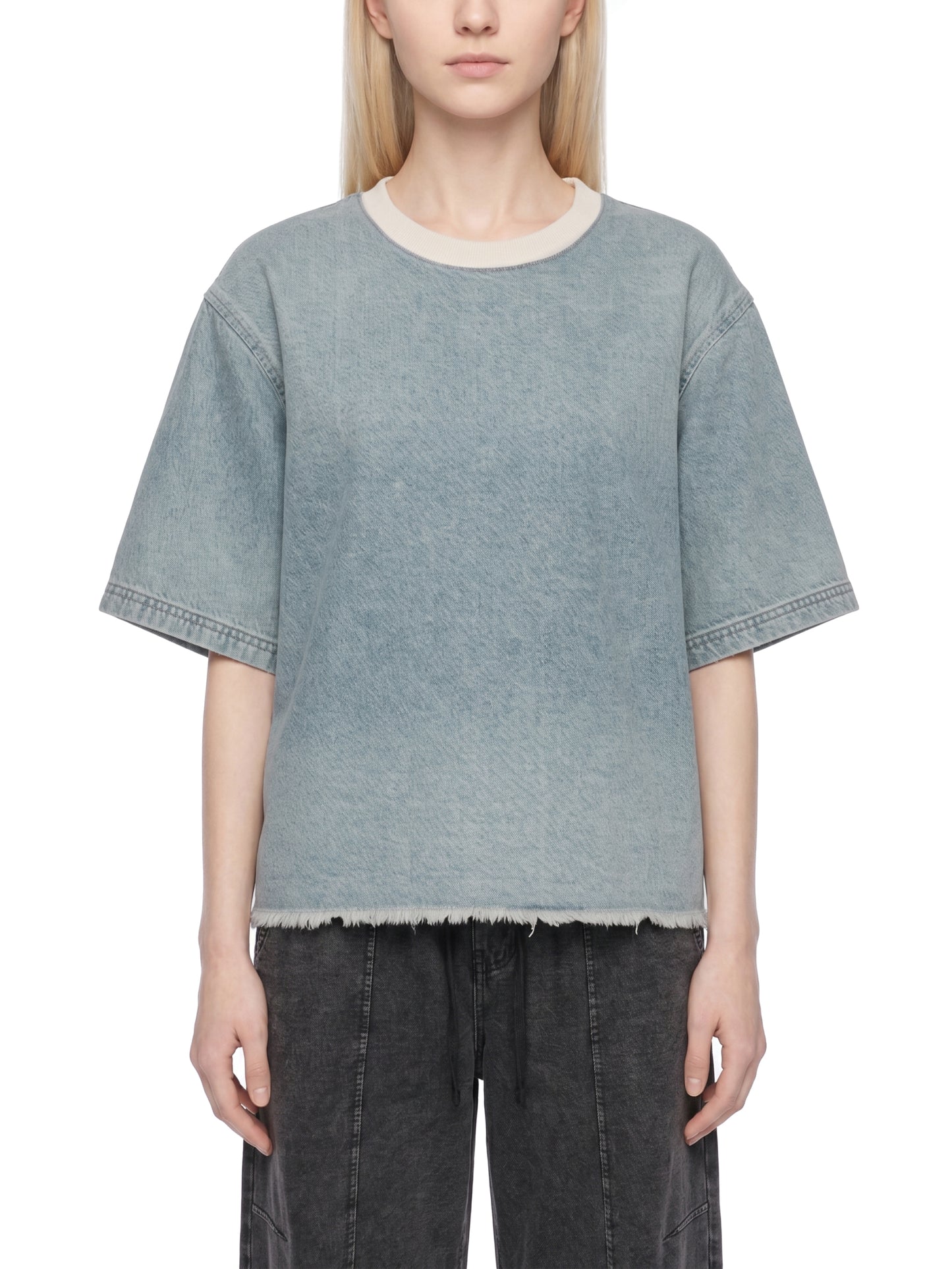 Unisex Vintage Wash Boxy Raw Hem Denim T-Shirt